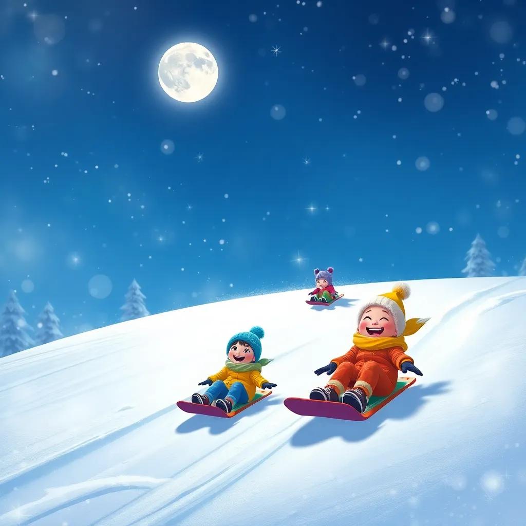 A snowy hill where children slide down on snowboards, laughing and cheerful, surrounded by glimmering snowflakes, moonlight illuminating the scene, fun and adventurous, high quality digital painting