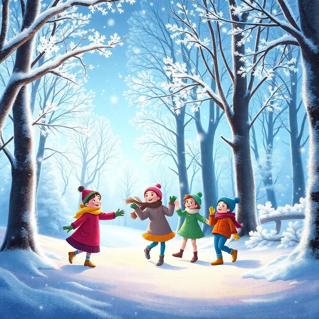 A sparkling frost-covered forest during the winter, trees glistening, playful snowflakes swirling in the air, children twirling and laughing, colorful winter clothing, enchanting atmosphere, illustration