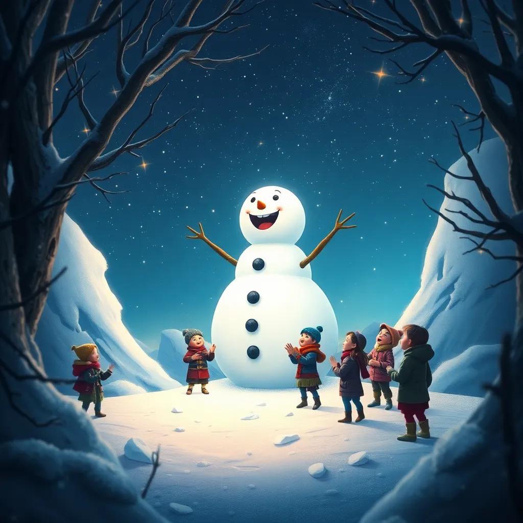 A hidden glen with a giant snowman surrounded by children singing joyful songs, night sky filled with stars, warmth in the air despite the cold, magical essence, detailed digital art