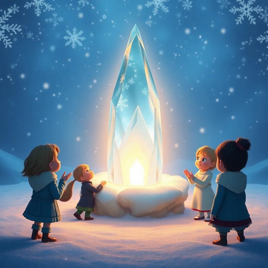 A beautiful Snow Crystal glowing in the center, surrounded by children whispering their wishes, the crystal radiating warmth and light, fantastical and dreamy, artistic representation