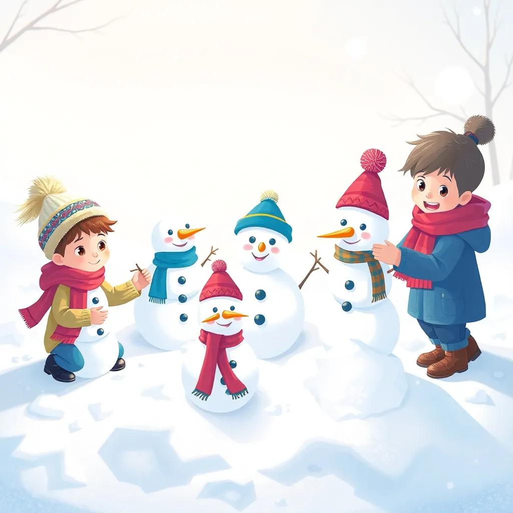 Children building magical snowmen in the snow, layering the snow carefully, each snowman unique with scarves and hats, happy and creative atmosphere, bright colors, playful illustration