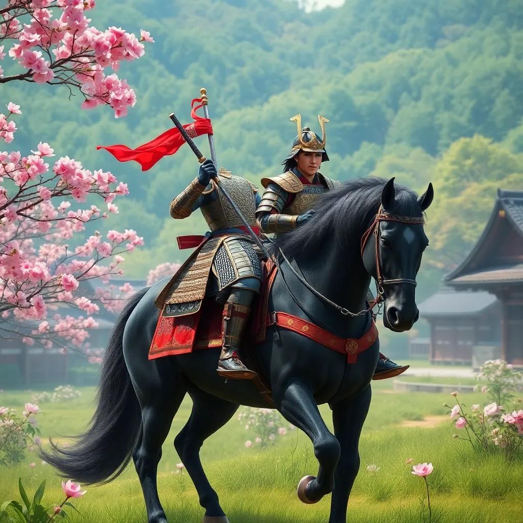 A proud samurai named Hiroshi riding a black stallion, wearing shining armor and a sword, in a lush green village with cherry blossoms, digital art, vibrant, heroic, high quality