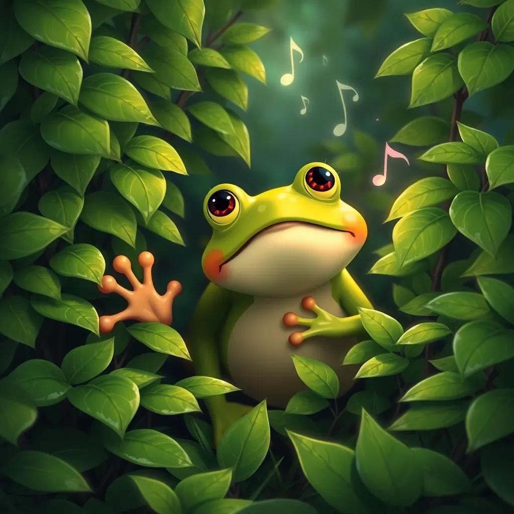 Freddie the frog curiously exploring a dense bush with lush green leaves, hearing a magical melody in the air, illustration, whimsical, enchanting scene, child-friendly