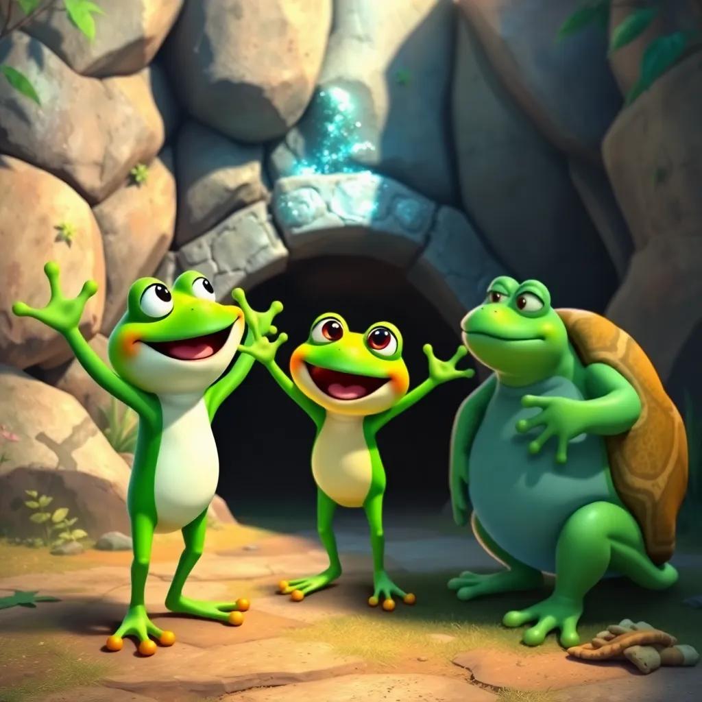 Freddie, the green frog, excitedly gathering his friends Lily the bright green frog and Benny the wise old turtle, near a shimmering hidden tunnel, vibrant colors, adventurous setting, friendly tone