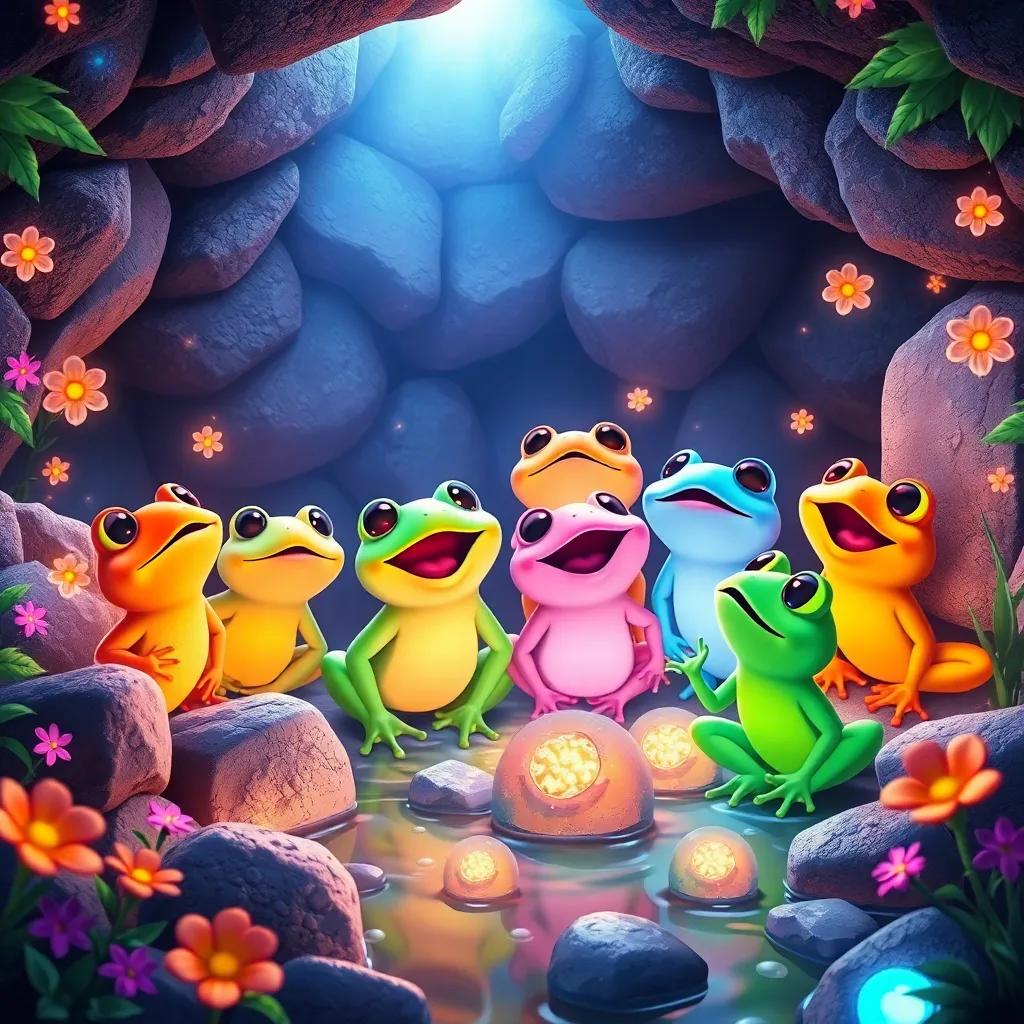A brightly illuminated underground world filled with joyful frogs of different colors singing together, with glowing stones and vibrant flowers surrounding them, colorful, magical atmosphere, high quality art