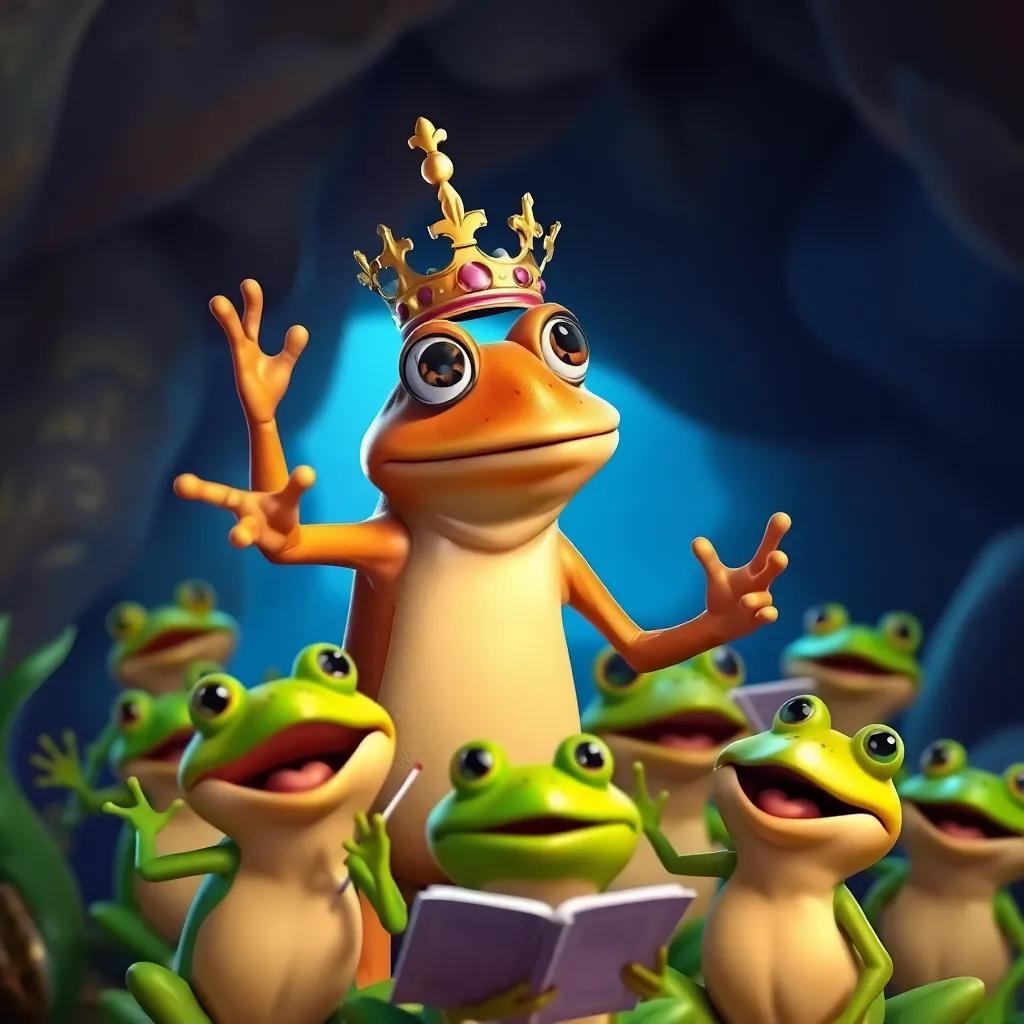 A regal brown frog, Maestro, in a tiny crown, conducting fellow frogs in the underground world, lively scene, with expressive poses and joyful harmonies, vibrant colors, music celebration, cheerful