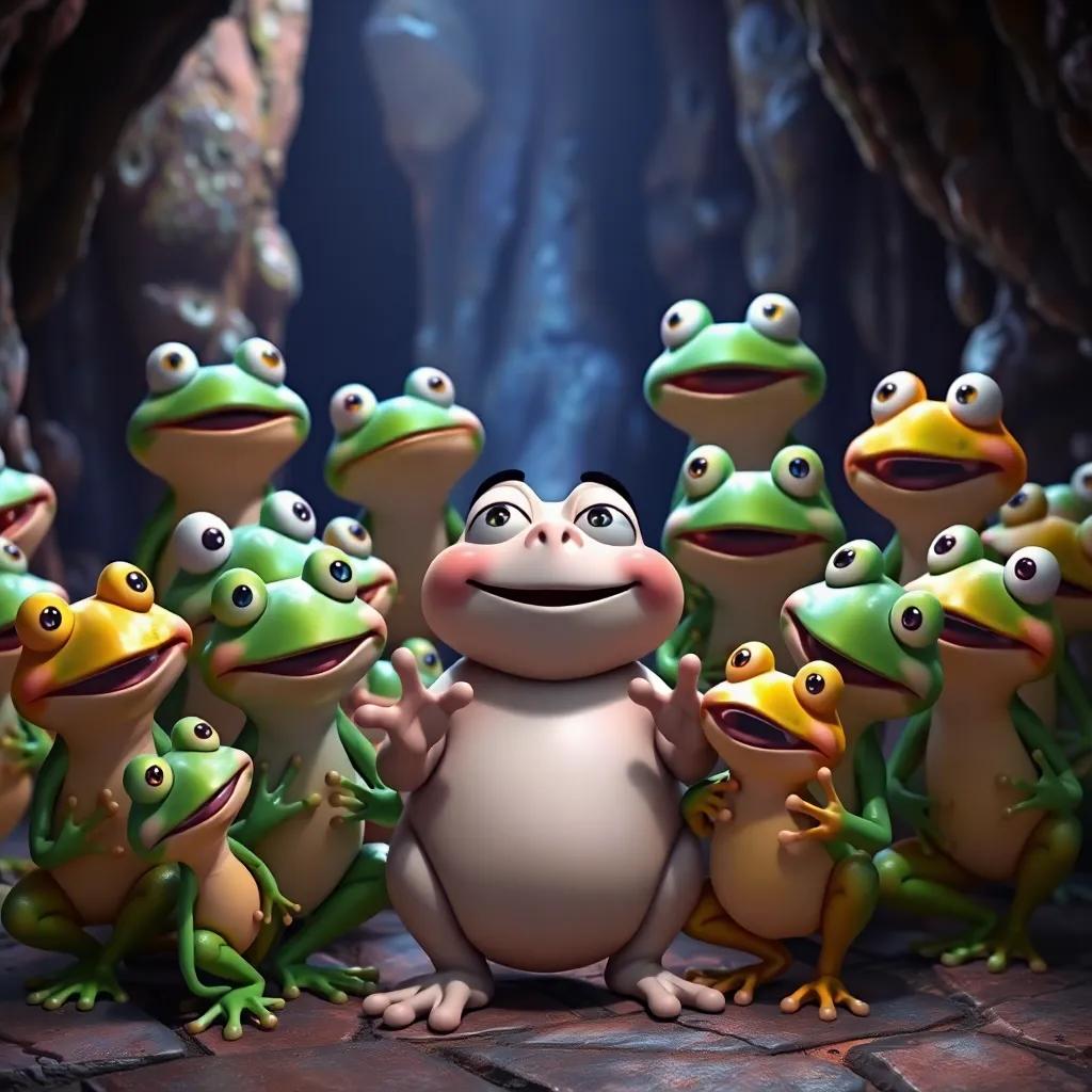 Freddie and his friends singing with the harmonious frogs, all frogs displaying various expressions of joy, colorful cavern backdrop, detailed digital masterpiece, lively atmosphere, musical