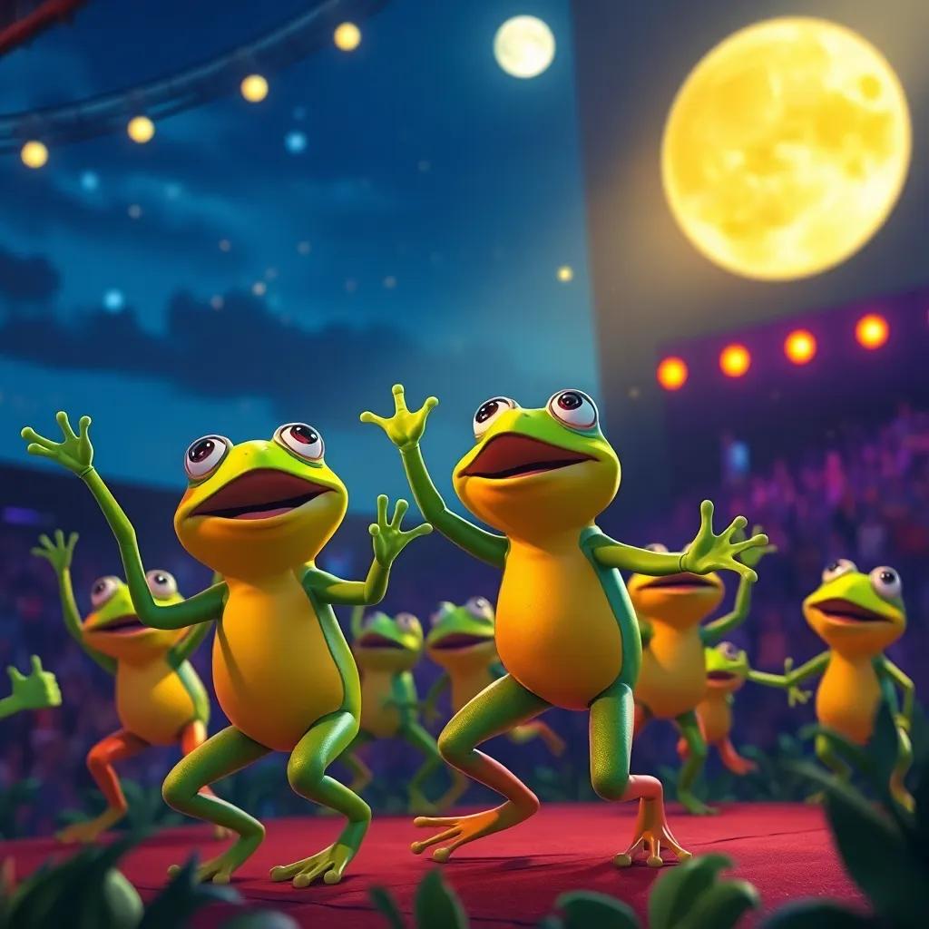 An exciting concert scene with frogs dancing and singing joyfully, under twinkling lights and a moonlit sky, capturing the fun of the performance, dynamic view, joyful setting