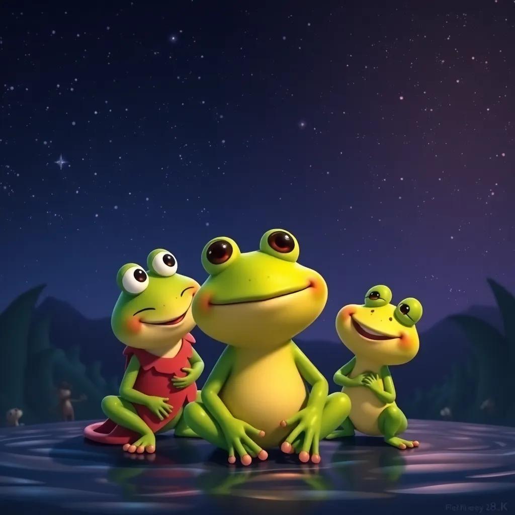 Freddie the frog with his friends bidding farewell to Maestro and the singing frogs, under a starry night sky, sharing smiles and laughter, heartwarming atmosphere, rich colors
