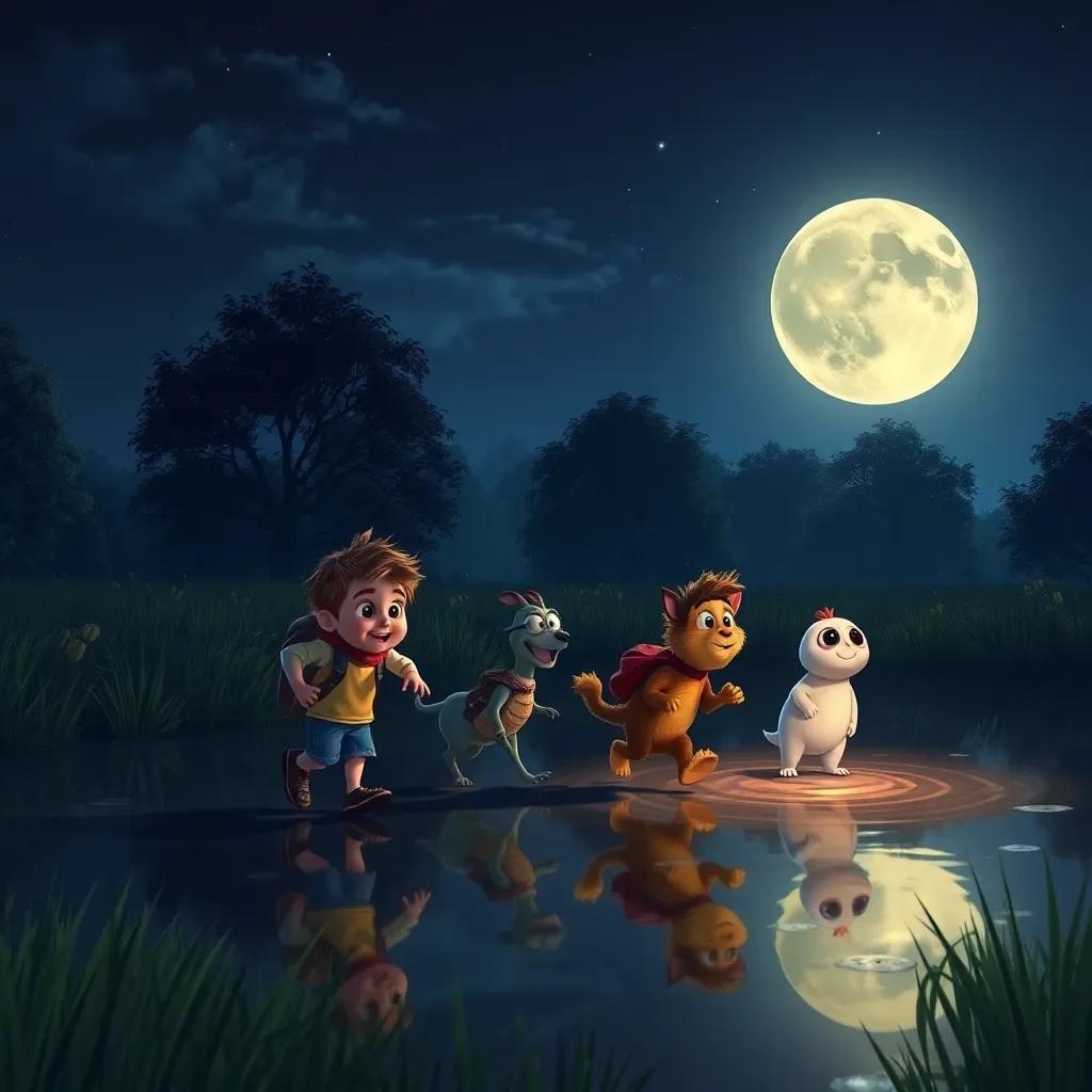 Freddie leading his friends home under the moonlight, with the pond reflecting the glow of their adventure, serene and magical night scene, inviting and peaceful