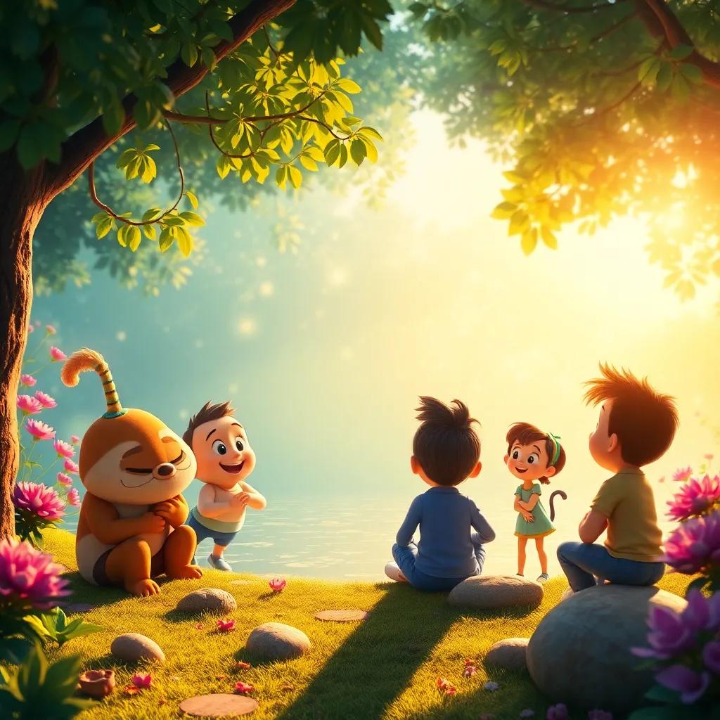 A vibrant scene of the pond shimmering like a stage, with Freddie and his friends discussing their adventure, joyful ambiance, bright colors, playful touch, fantasy storytelling