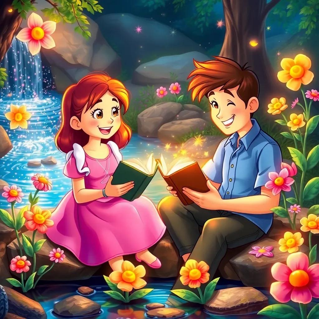 Mia and Max sitting by a sparkling stream, telling stories, animated flowers moving around them, Mia in a pink dress and Max in a blue shirt smiling, cheerful mood, colorful, cartoonish style, bright light, magical interaction, high quality