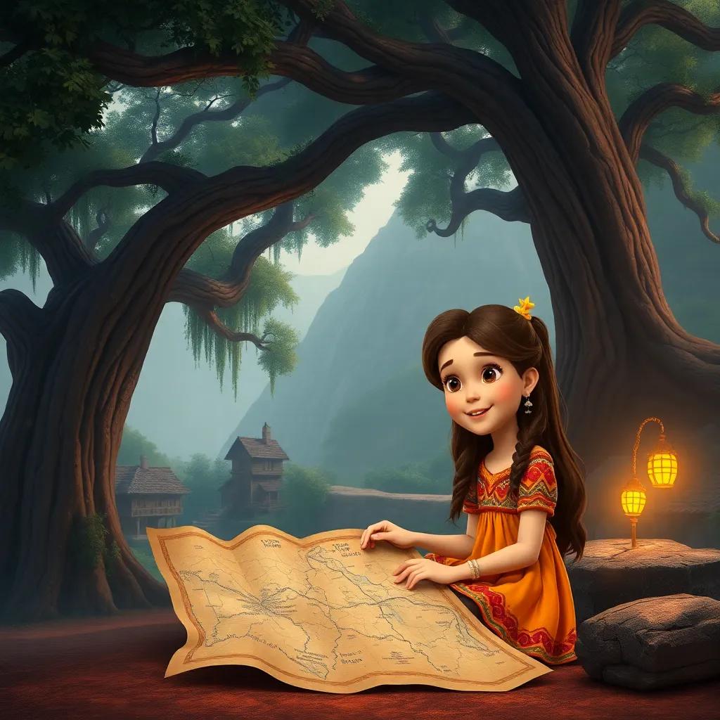 A young girl named Amira with long brown hair and wearing a colorful dress, sitting under a large oak tree in a misty mountain village, looking excitedly at an ancient map, digital art, warm tones, inviting atmosphere, high quality