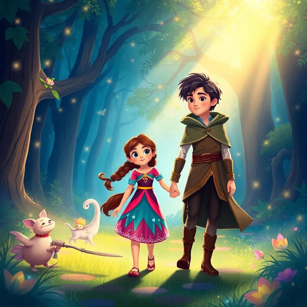 Amira, a young girl with long brown hair in a colorful dress, walking through an enchanted forest, holding hands with Kian, a tall boy with dark hair wearing a cloak, surrounded by sparkling light and magical creatures, illustration, vibrant colors, adventurous mood, high quality