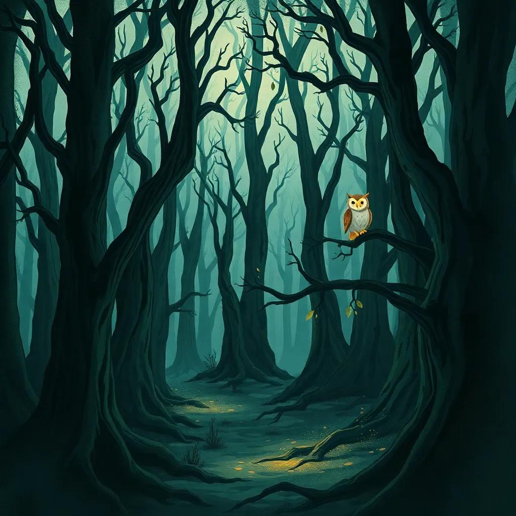 A dense, eerie forest with tall, twisted trees, shadows dancing on the ground and whispers of leaves in the air, a glowing owl perched on a branch, hinting at magic, illustration, mystical, dark tones, adventurous scenery, child-friendly