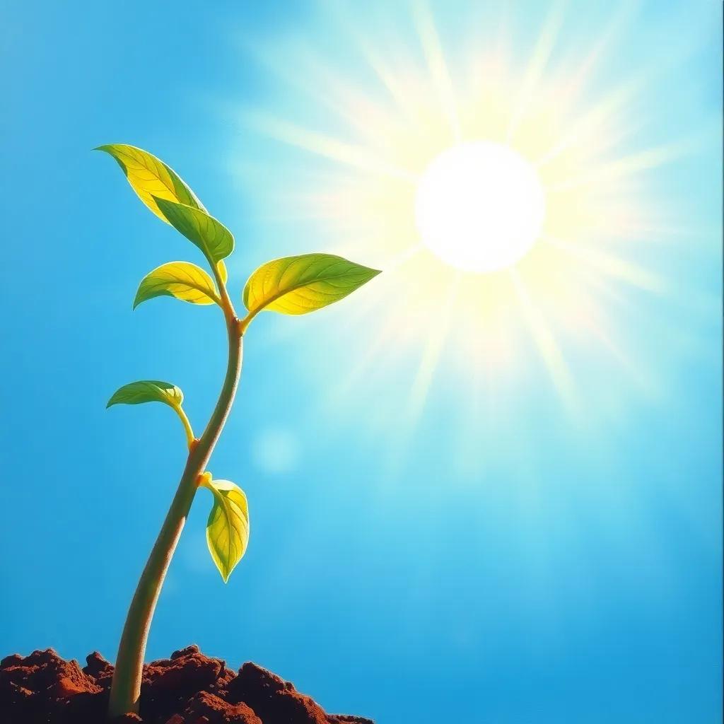 The seedling stretching towards the bright sun with its leaves rustling in the wind, bright blue sky above, feeling energized, dynamic composition, engaging perspective, vivid colors, high quality
