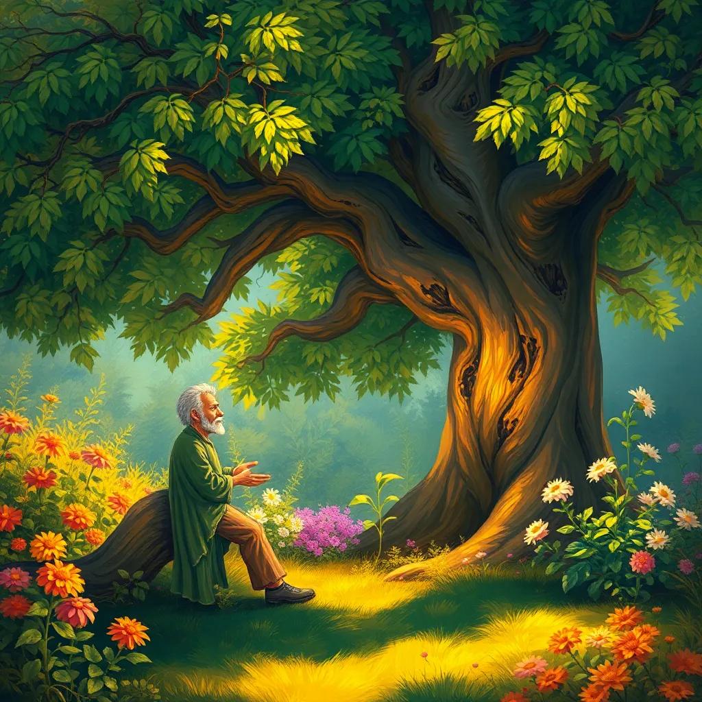 An old, wise tree nearby giving advice to the seedling, surrounded by a beautiful garden, warm light and rich colors, encouraging atmosphere, digital painting, storytelling, high quality