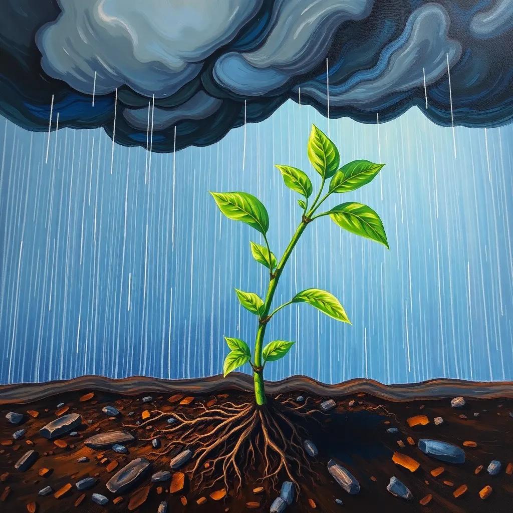 The seedling facing heavy rainstorms, bending but not breaking, with dark clouds above and strong roots visible, dramatic and inspiring scene, powerful colors, detailed, art style showing resilience and determination
