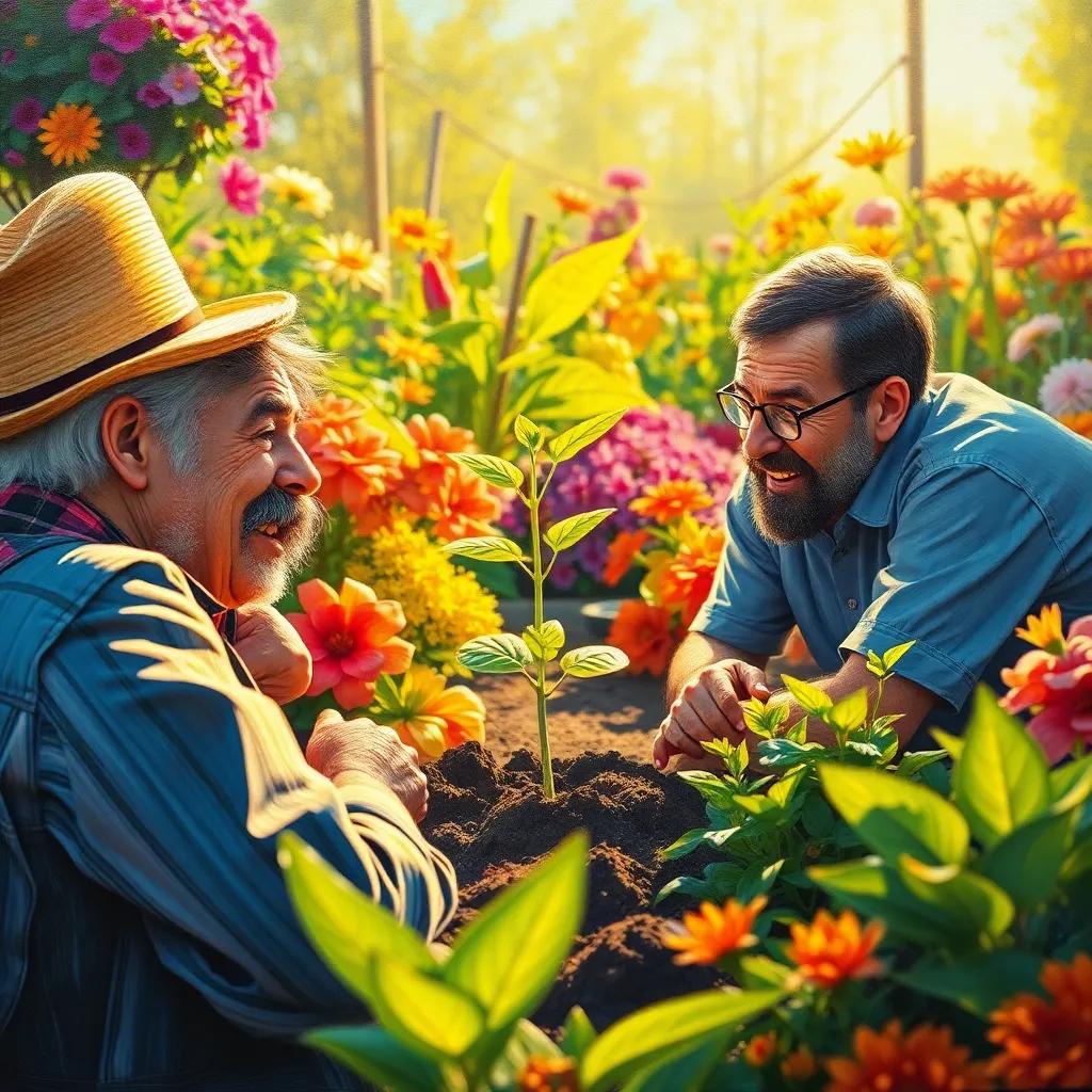 The seedling discussing with its friends in the garden, colors of diverse plants surrounding them, lively atmosphere, warm sunlight, joyful expression of excitement, engaging perspective, detailed, high quality
