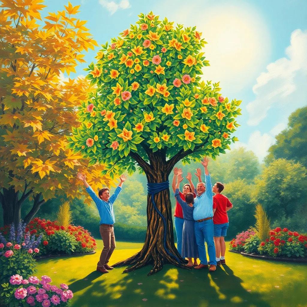 The thriving young tree standing tall with its friends celebrating, a beautiful garden backdrop, bright sunlight and clear blue sky, a feeling of accomplishment, colorful and vibrant art, storytelling quality