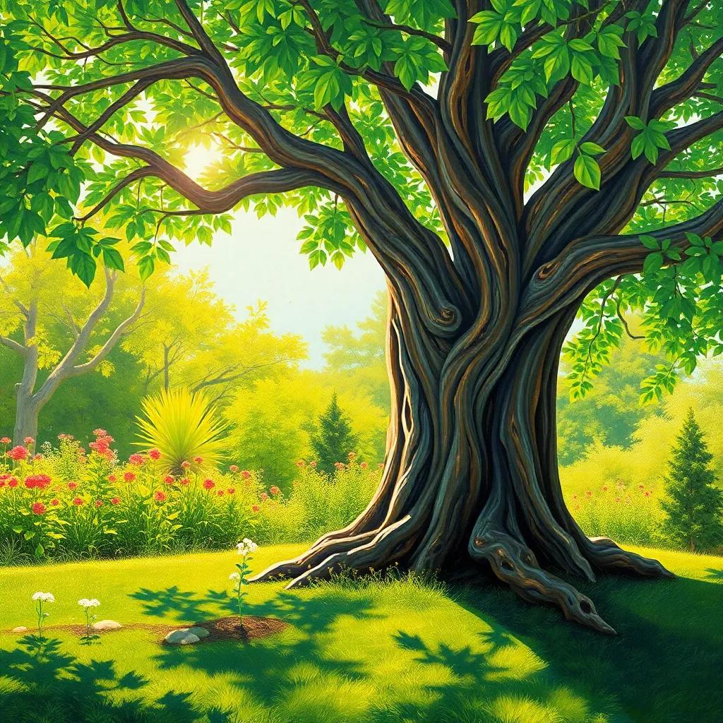 A wise tree sharing wisdom with new seedlings in the garden, lush greenery with a peaceful atmosphere, bright sunlight, comforting tones, visually inviting, art depicting growth and inspiration, high quality