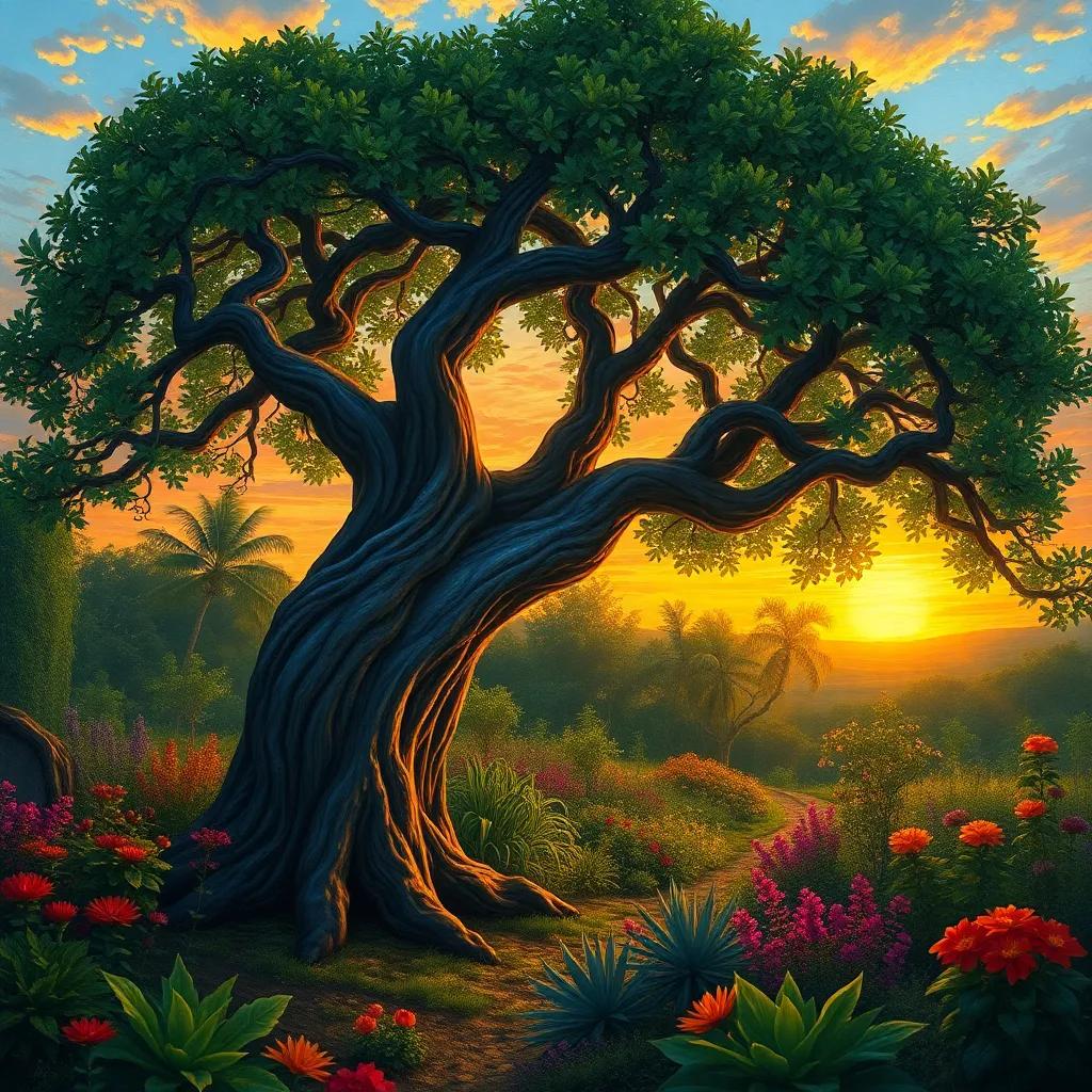 The wise tree reflecting on its journey, surrounded by other thriving plants in a vibrant garden, sunset in the background, warm glow, detailed digital art, inspiring and nurturing atmosphere, quality end scene