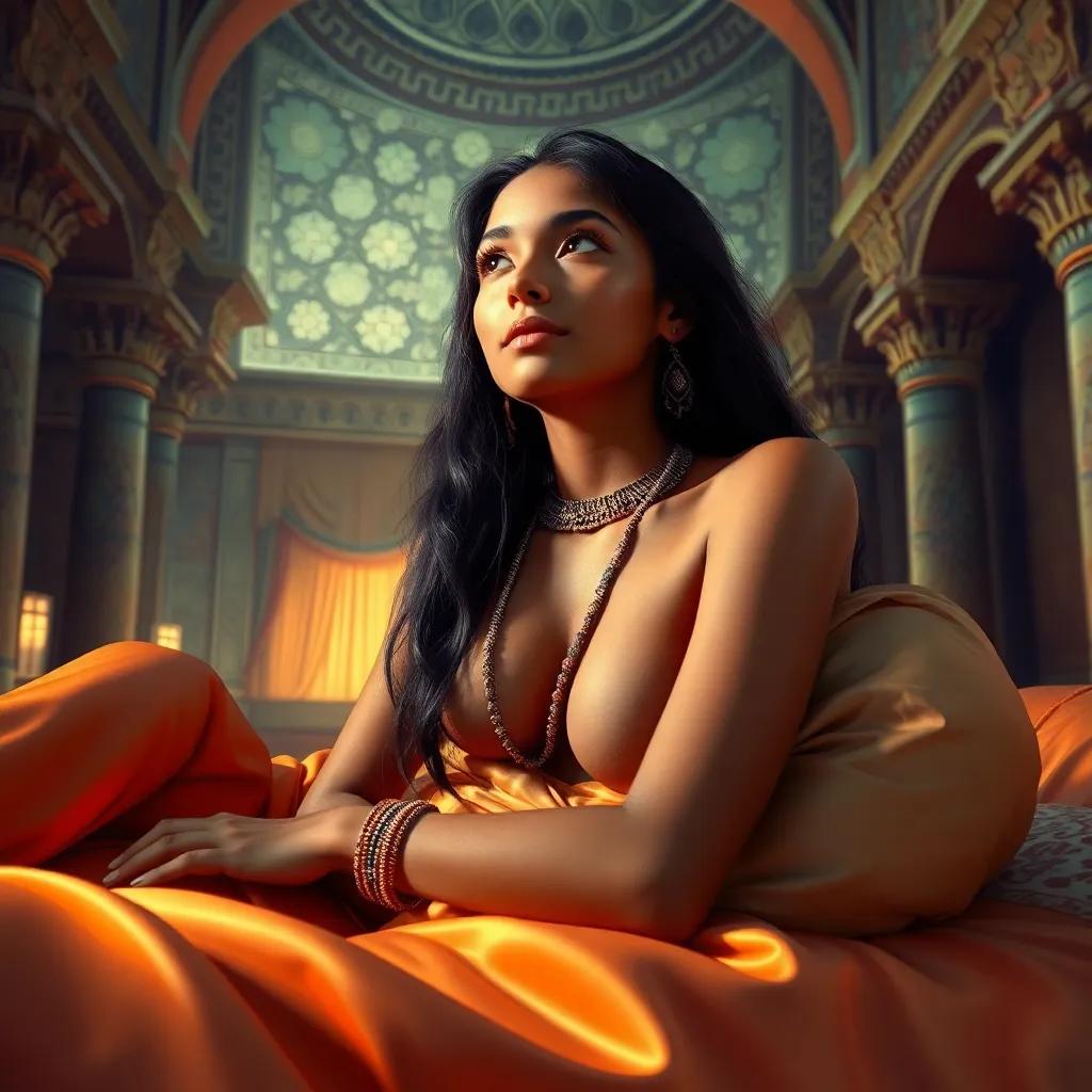 Awa, a young Egyptian girl with warm brown skin and long, dark hair, lying on a luxurious silk divan in an opulent villa with intricate designs, staring up at the ceiling in thought, digital art, vibrant colors, rich textures, warm light, high quality