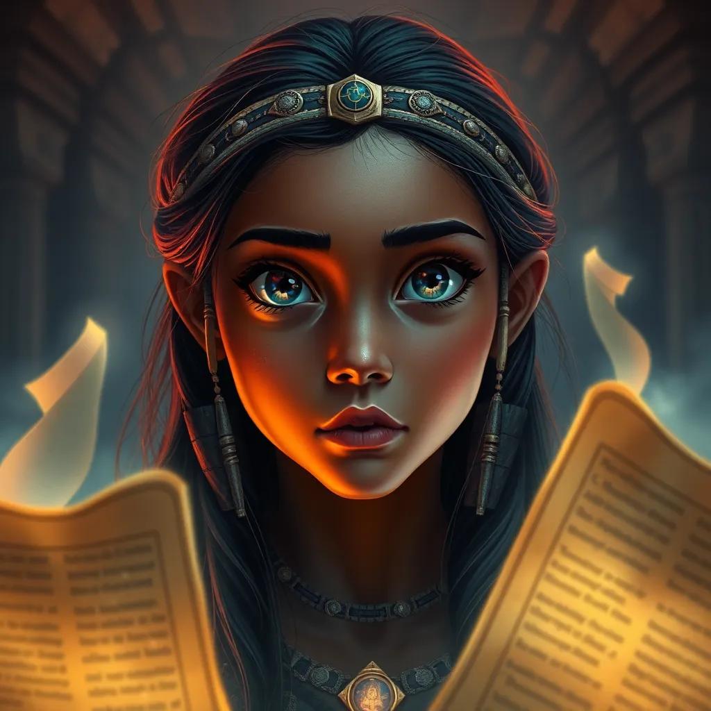 Awa, a young Egyptian girl with warm brown skin and long, dark hair, surrounded by glowing ancient scrolls in a dramatic setting, her eyes wide with wonder and a hint of fear, digital art, mystical colors, dim lighting, high quality