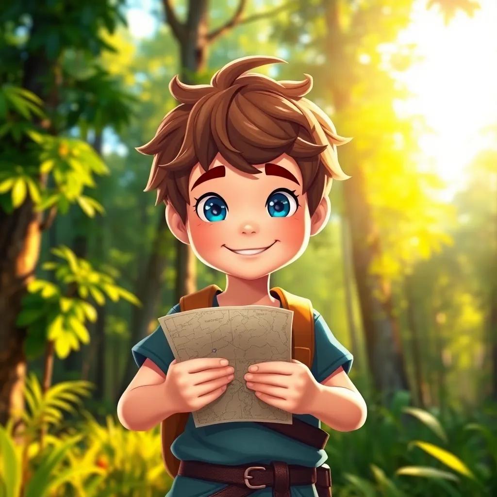 A brave boy, Leo, with short, tousled brown hair and bright blue eyes, standing confidently in a lush green forest, holding a map, smiling with excitement, digital art, vibrant colors, warm sunlight filtering through the trees, inviting atmosphere, high quality