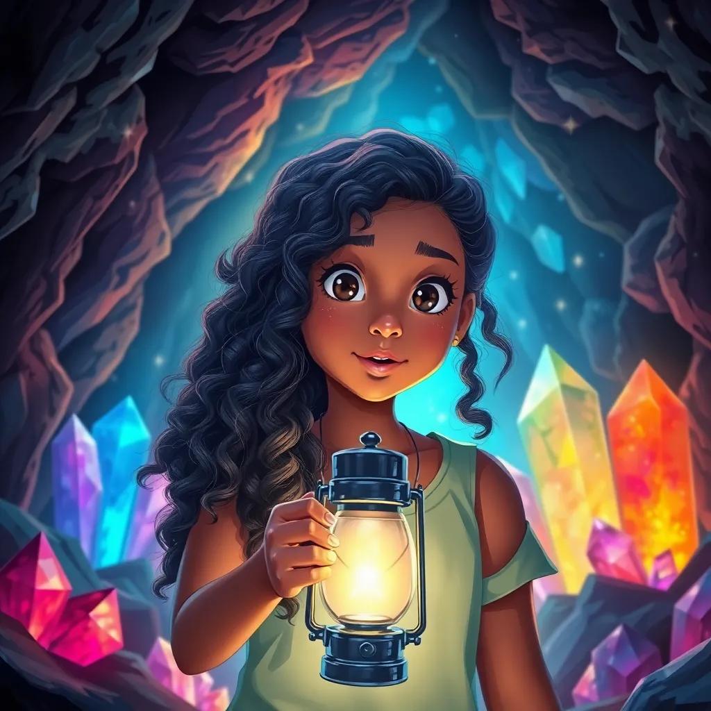 A clever girl, Mira, with long, dark curly hair and warm brown skin, looking curious and excited while holding a lantern in front of her, surrounded by colorful crystals inside a cave, digital painting, sparkling lights, adventurous ambiance, bright colors, high quality