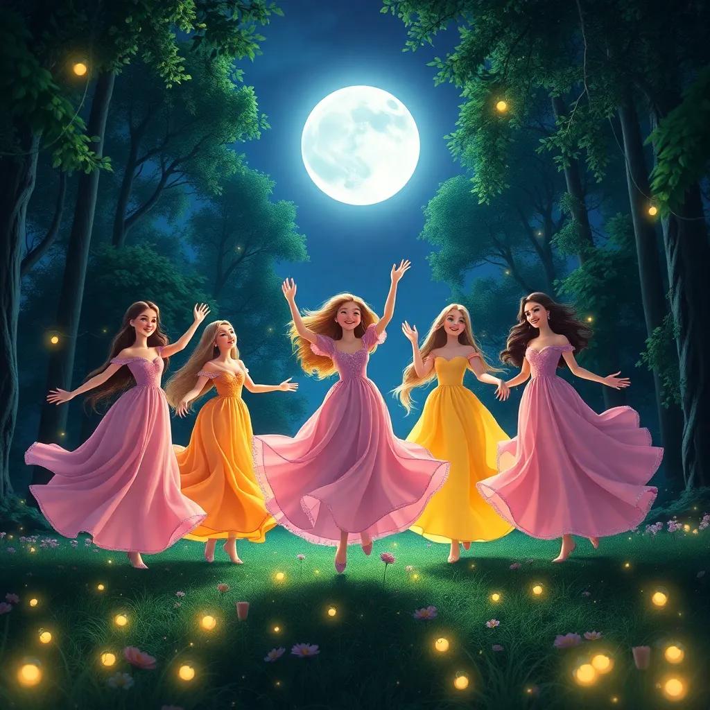 On a bright moonlit night, seven sisters, each with flowing long dresses, are dancing joyfully in a forest glade, surrounded by glowing magical lights, enchantingly delicate and whimsical, vibrant colors, joyful atmosphere, highly detailed, beautiful art