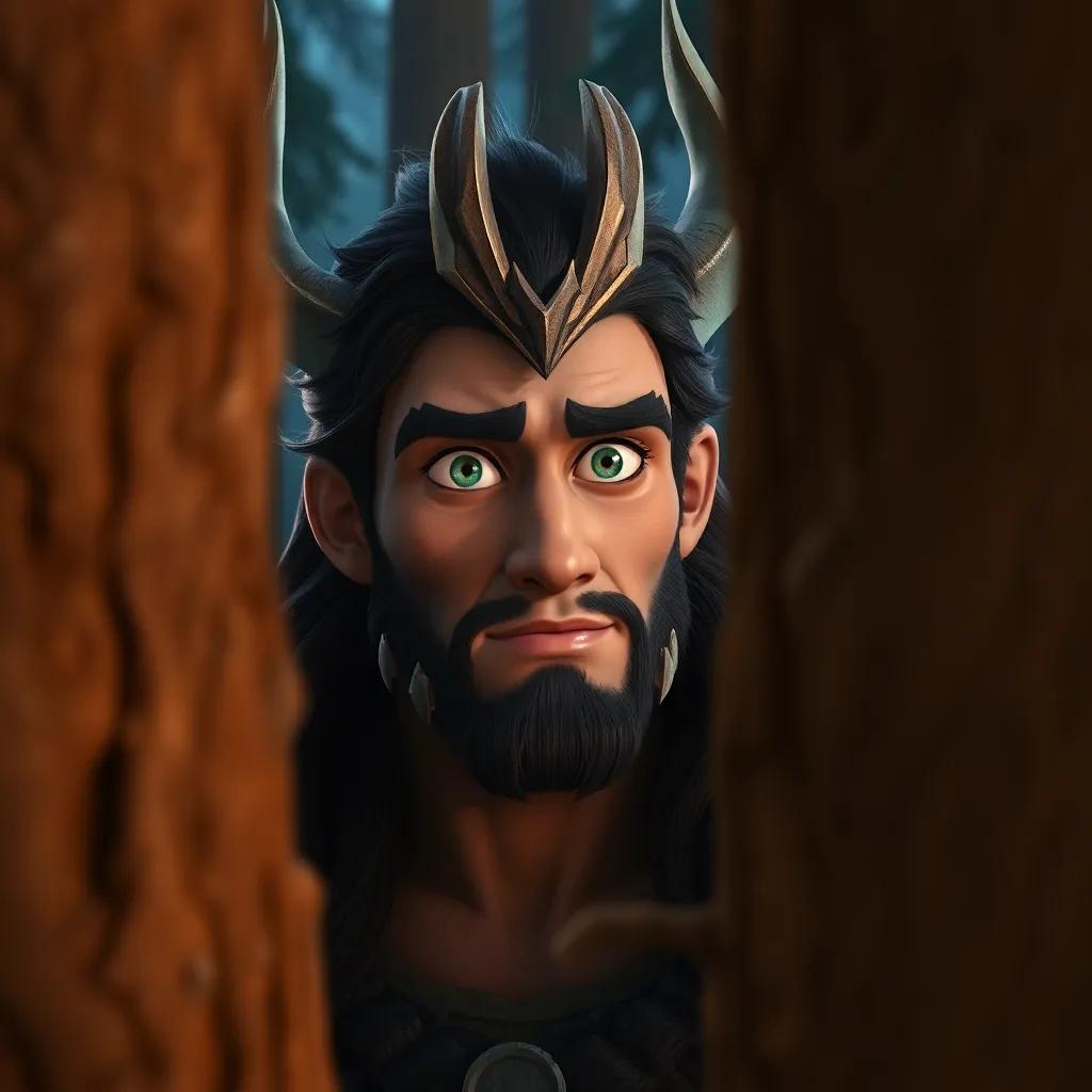 Orion, a tall strong hunter with rugged features, peeking through the trees with wonder in his eyes, as he watches the sisters dance, intense gaze, nocturnal forest background, highly detailed, immersive