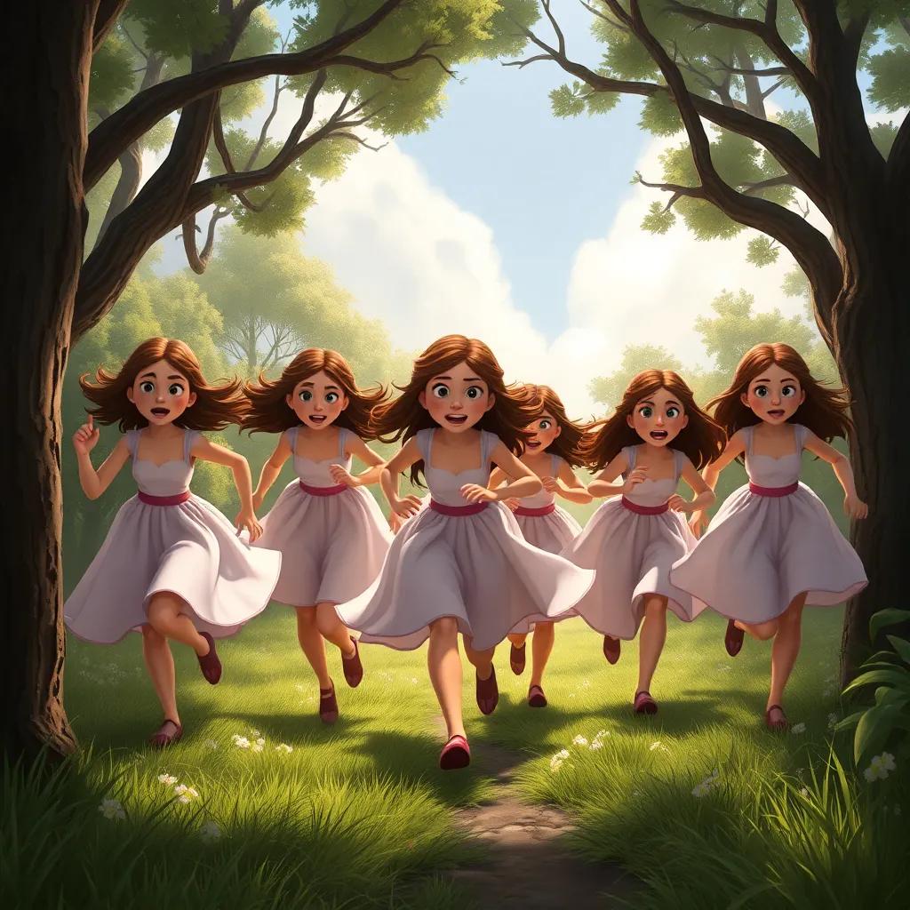 The seven sisters, now frightened, running swiftly through a thicket, with trees on either side, their dresses billowing like clouds, expressions of determination and fear, dynamic composition, action-packed
