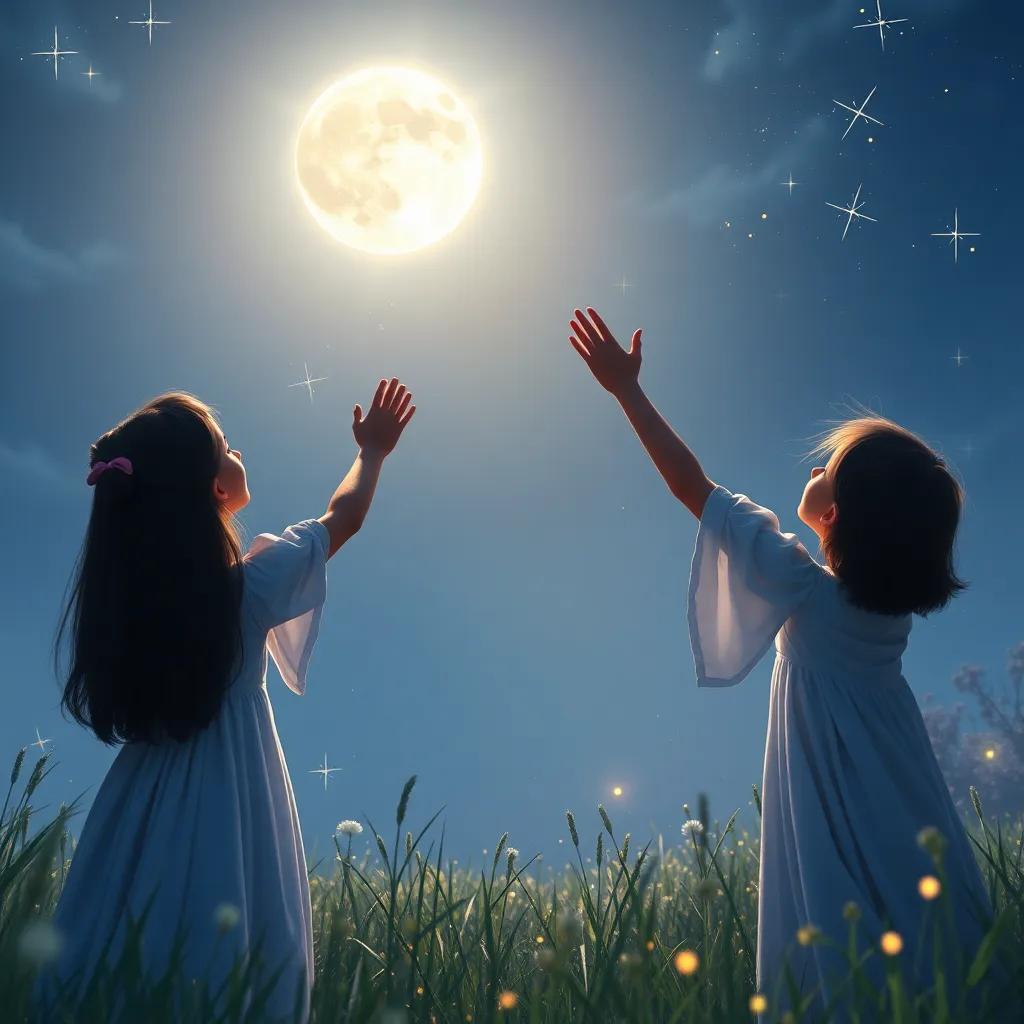 In a bright glade, the sisters call for help, their arms raised towards the moonlit sky, magical sparkles around them, Diana the moon goddess faintly glowing above, invoking a sense of urgency, ethereal and captivating