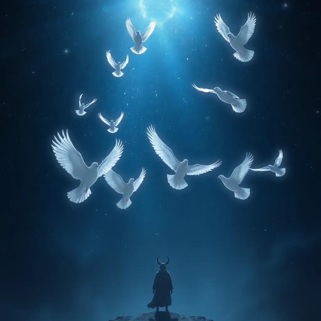 The moment of transformation, where the seven sisters turn into white pigeons ascending into the night sky, their feathers shimmering, with Orion watching in shock below, dramatic lighting, emotional