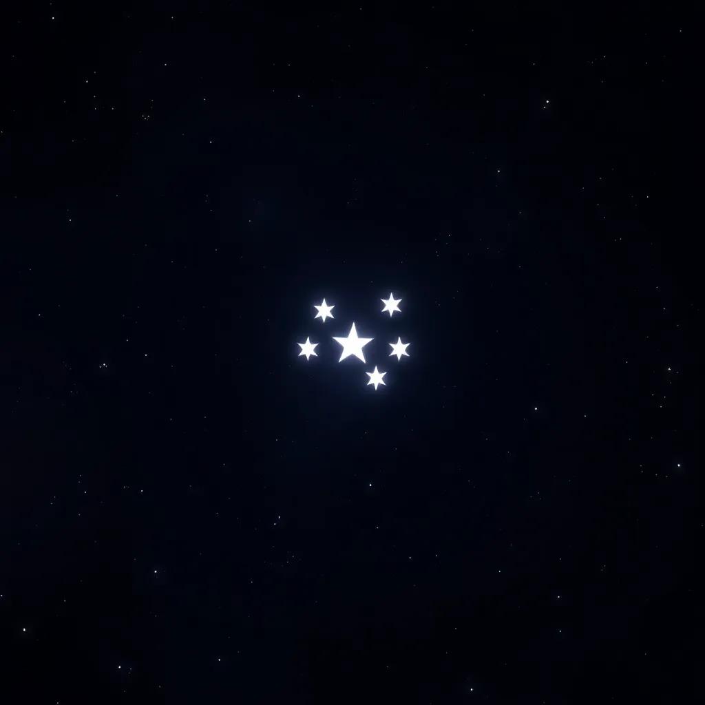 The seven bright stars of the Pleiades twinkling in the dark sky, close together in a beautiful cluster, magical glow surrounding them, peaceful and serene, breathtaking