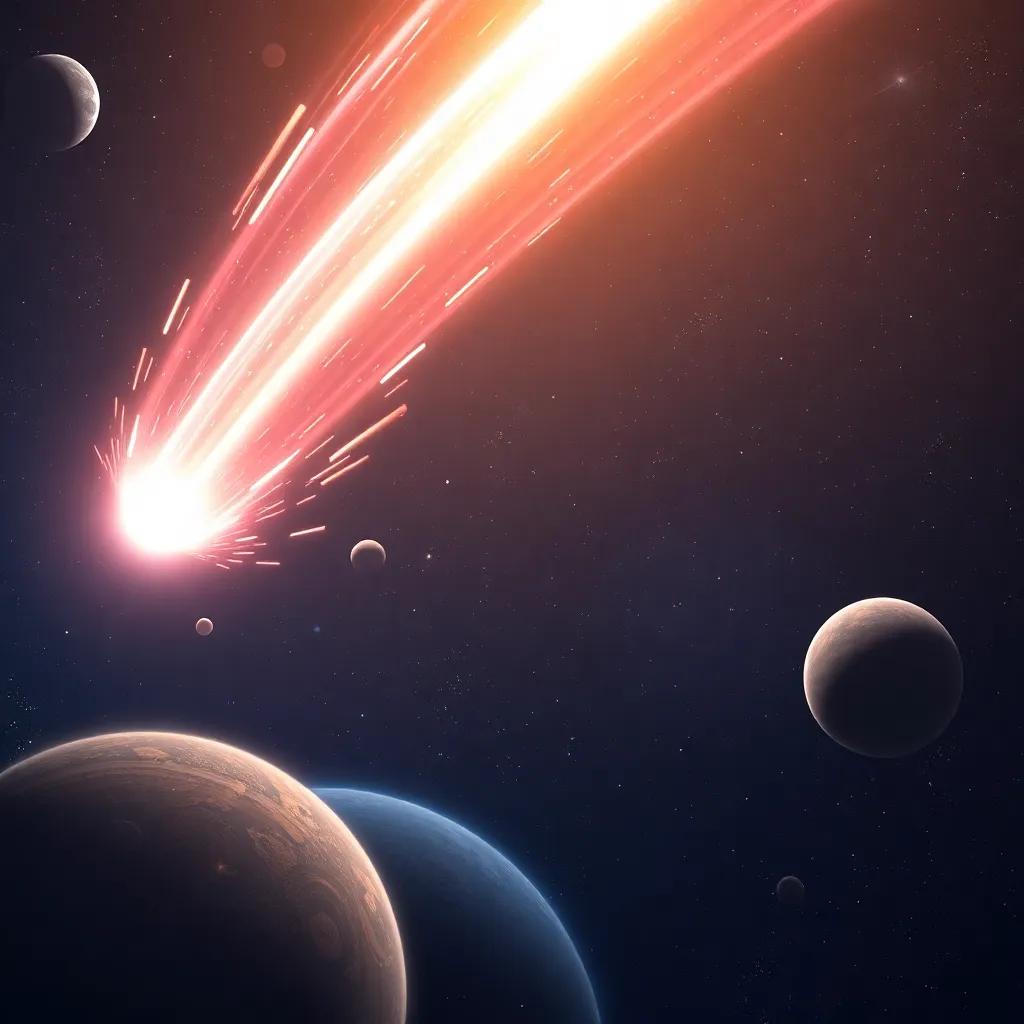 A comet streaking through the universe, a comet with a long sparkling tail, depicting one of the sisters racing past planets and stars, fast-moving, thrilling
