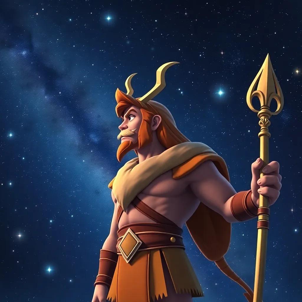 Orion, among the stars, wearing a lion’s skin and holding a club, gazing thoughtfully at the Pleiades, celestial backdrop, deep space, magnificent