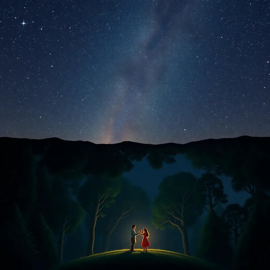The night sky filled with stars, and below the earth, the forest where the sisters danced, showing both worlds, interconnected, nighttime serenity, magical