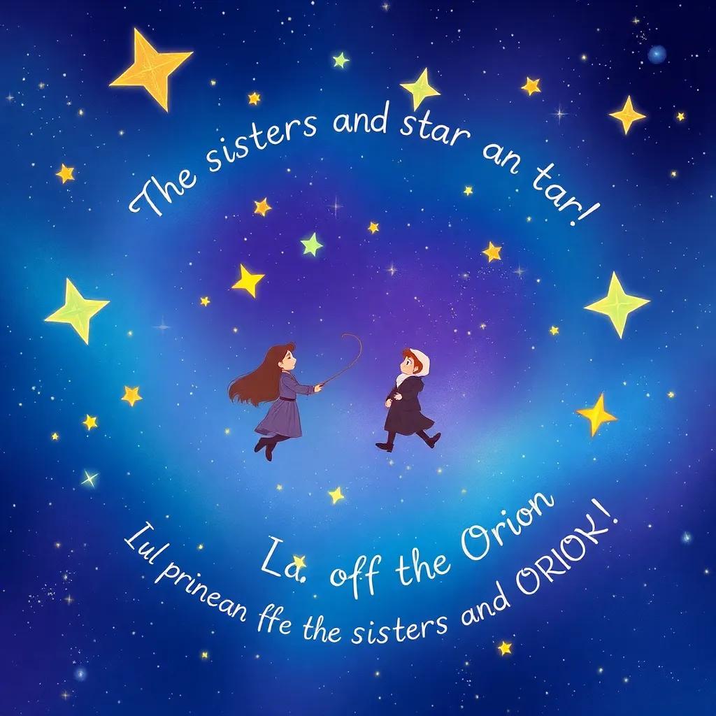 A whimsical illustration of the stars with the tale of the sisters and Orion written around them, vibrant and enchanting, storytelling perspective, artistic and engaging