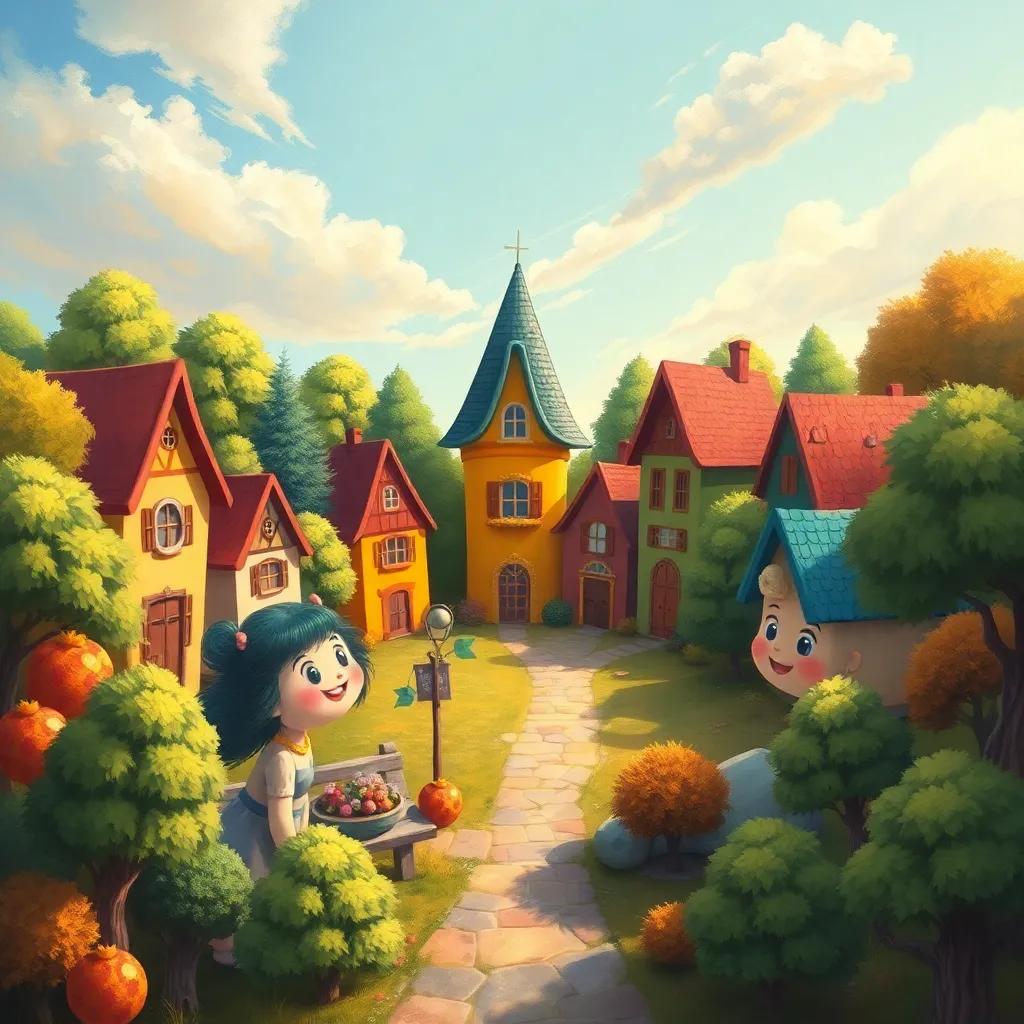 A colorful village with seven friends in a circle, smiling and looking brave, trees around, bright sky, digital art, cheerful atmosphere, warm colors, playful perspective, high quality