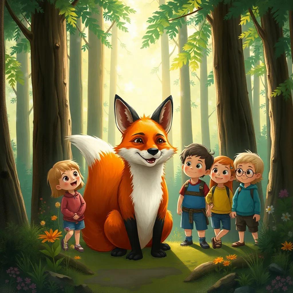 A friendly talking fox named Felix in the forest, surrounded by tall trees and sunlight, seven children looking excited and curious, detailed illustration, inviting scene, vibrant colors, whimsical perspective, high quality