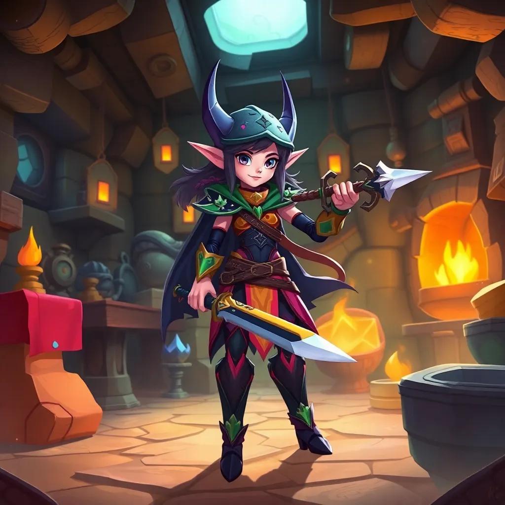 Elara, the shadow elf, gearing up for PVP in her crafted base, with mysterious traps and weapons, surrounded by her friends, full of excitement and bravery, dynamic scene, colorful, action-packed