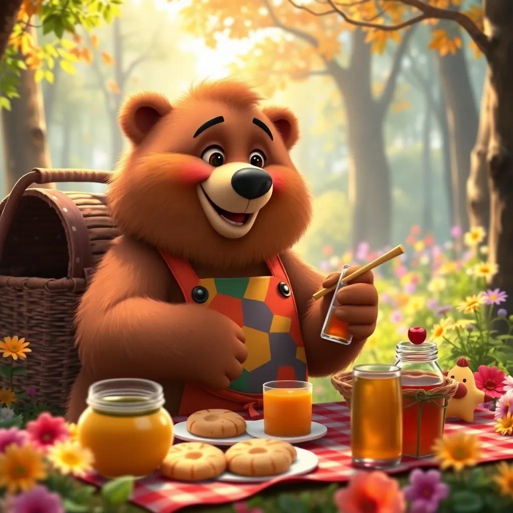 A fluffy bear named Barry, wearing a colorful apron, preparing a picnic with honey cookies and drinks, in a bright, sunny forest with vibrant flowers, digital art, cheerful, warm colors, delightful atmosphere, high quality