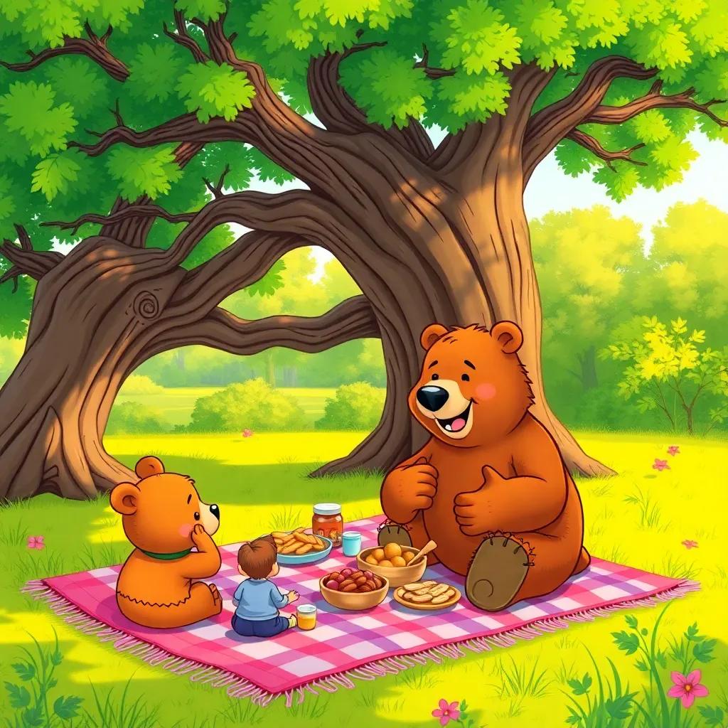 Barry the bear happily setting up a picnic under a big oak tree with friends arriving, with colorful blankets spread out and tasty snacks, illustration, fun, bright and colorful, child-friendly, high quality