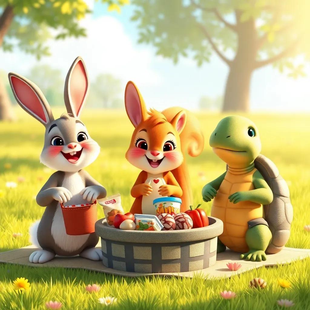 A happy bunny named Benny, a cute squirrel named Lila, and a slow turtle named Tommy, each bringing snacks and treats to Barry's picnic, cheerful scene, digital painting, warm sunlight, joyful gathering, high quality