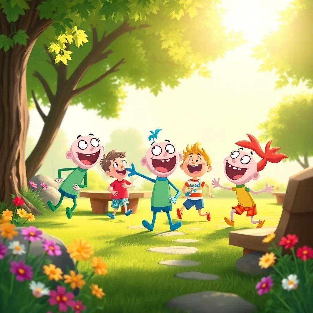 Barry and his friends laughing and playing tag around the picnic area, with bright sunshine and playful vibes, surrounded by green trees and colorful flowers, illustration, playful, vibrant colors, cute and friendly, high quality