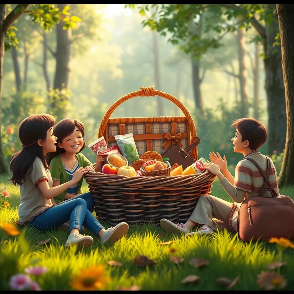 A beautiful picnic basket bursting with snacks and treasures, with friends sitting around sharing stories and laughing, in a lovely forest setting, digital art, cozy, warm colors, inviting atmosphere, high quality