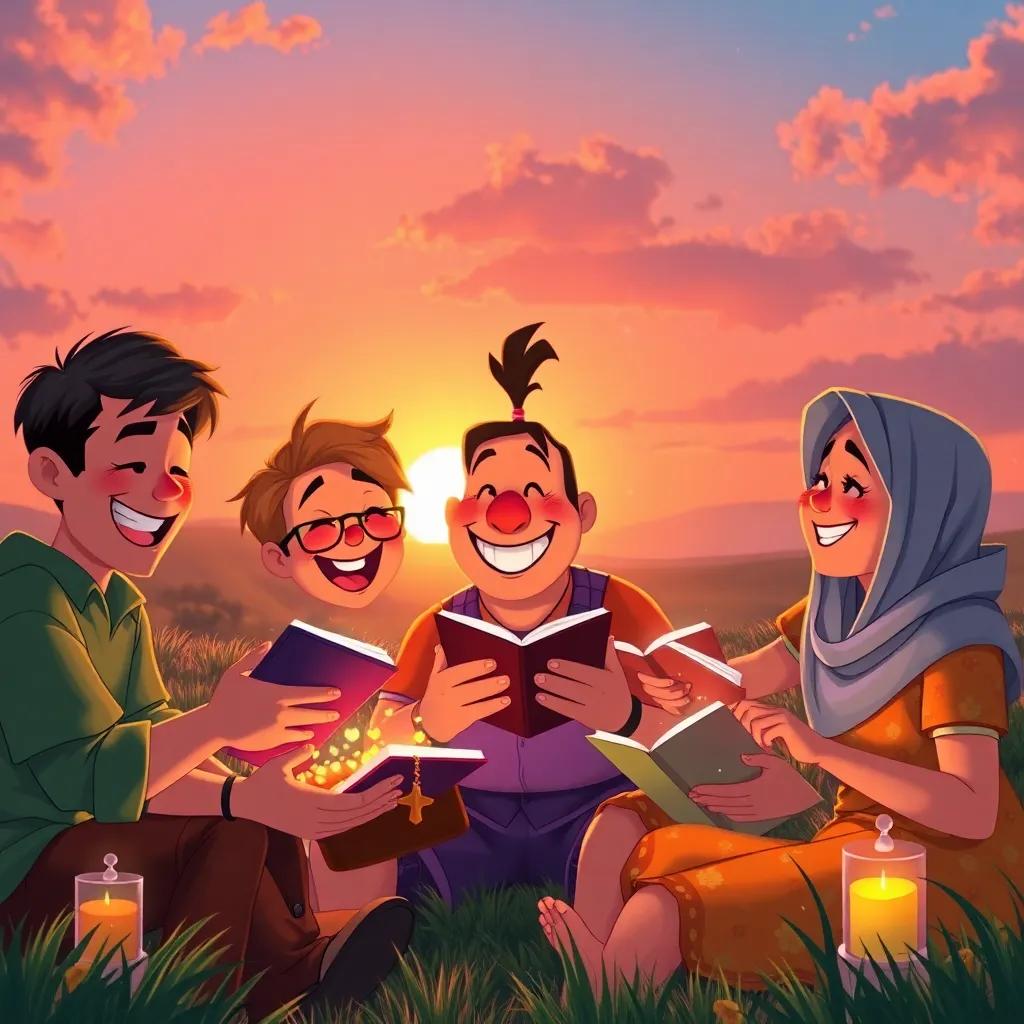 Barry's friends joyfully sharing their treasures and stories under the sunset, magical moments captured with smiles and laughter, illustration, warm lighting, colorful atmosphere, high quality