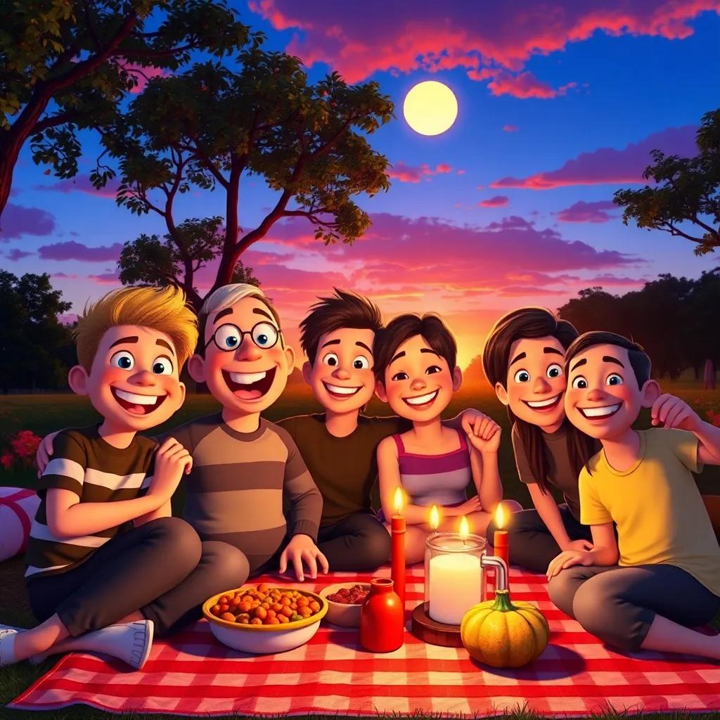 A picturesque scene of Barry and his friends posing together for a group picture, everyone smiling broadly, with the picnic spread in the background and a glowing sunset, digital art, heartwarming, rich colors, vibrant imagery, high quality